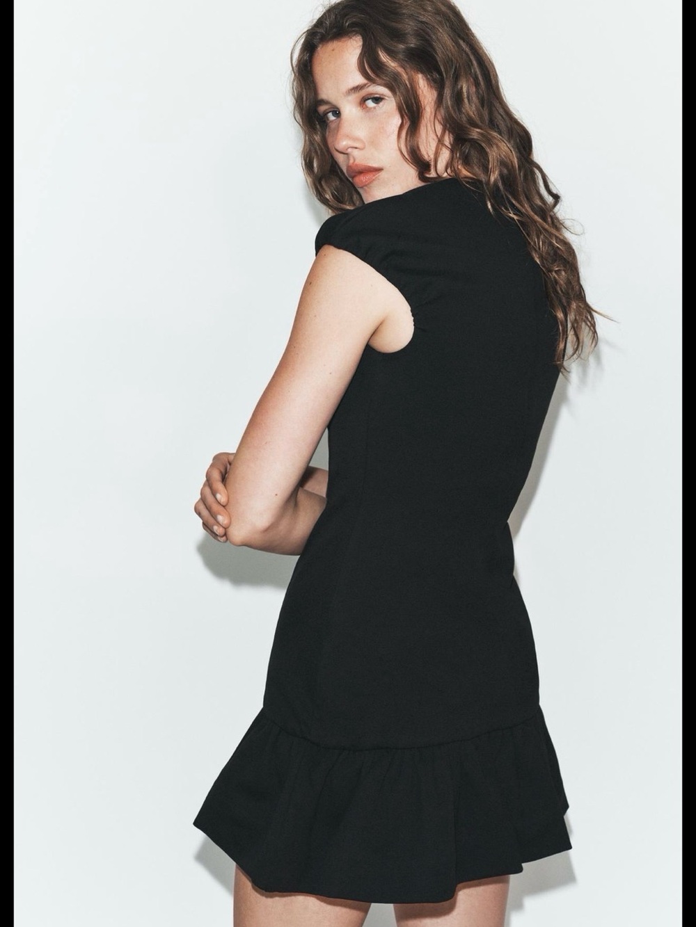 NWT Zara Black Cap-Sleeve Ruffle-Hem Dress - Picture 3 of 9